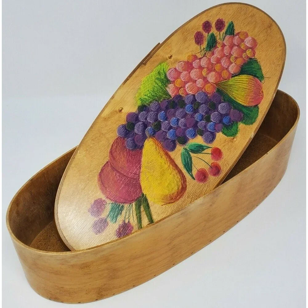 Vintage Hand Painted Tole Bamboo Box Fruit Design Signed 16